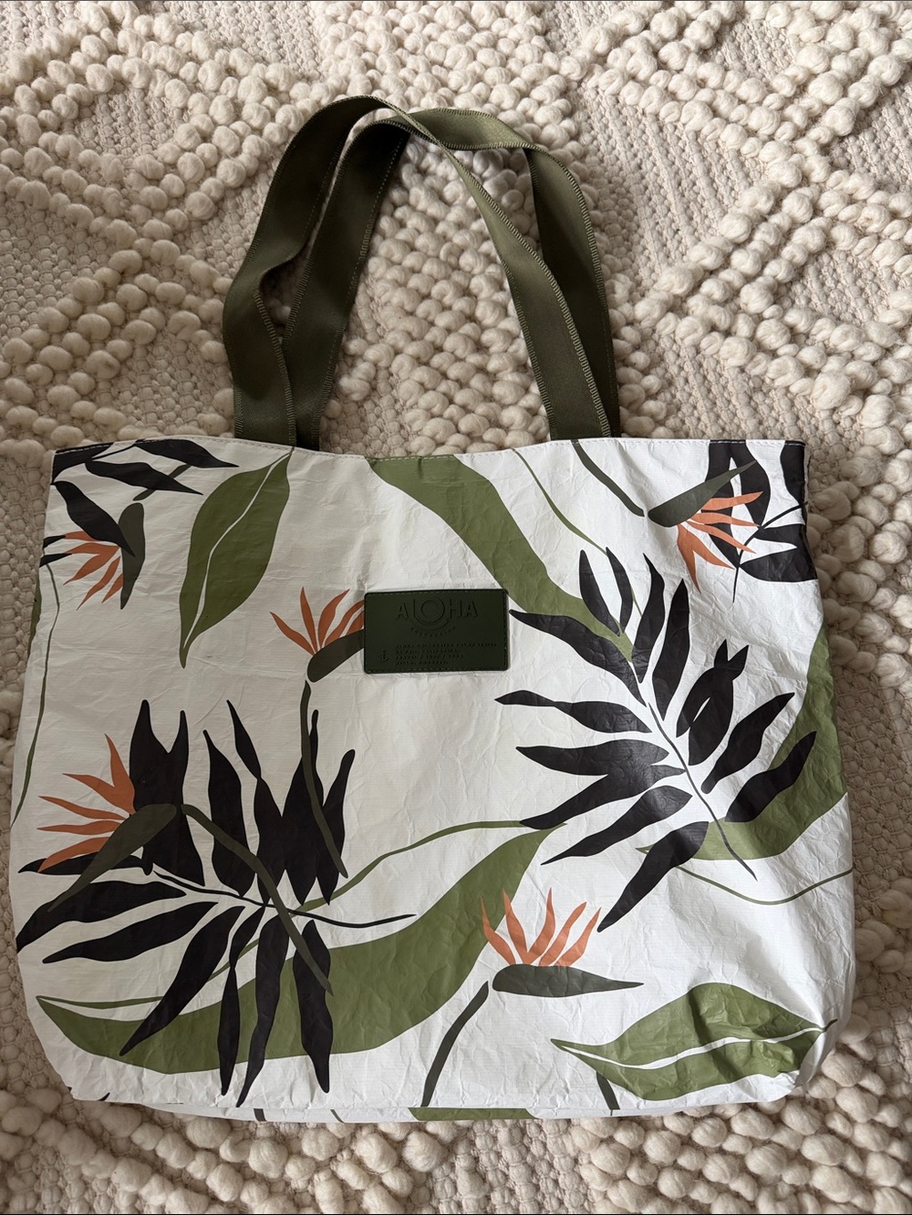 ALOHAS White Tote with Olive, Black & Orange Tropical Print